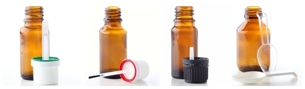 Pipette, brush, drip dispenser and measuring spoon complement glass vials for essential oils